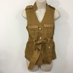 NWT Anthropologie Elevenses Embroidered utility vest boho belted size XSP TAN